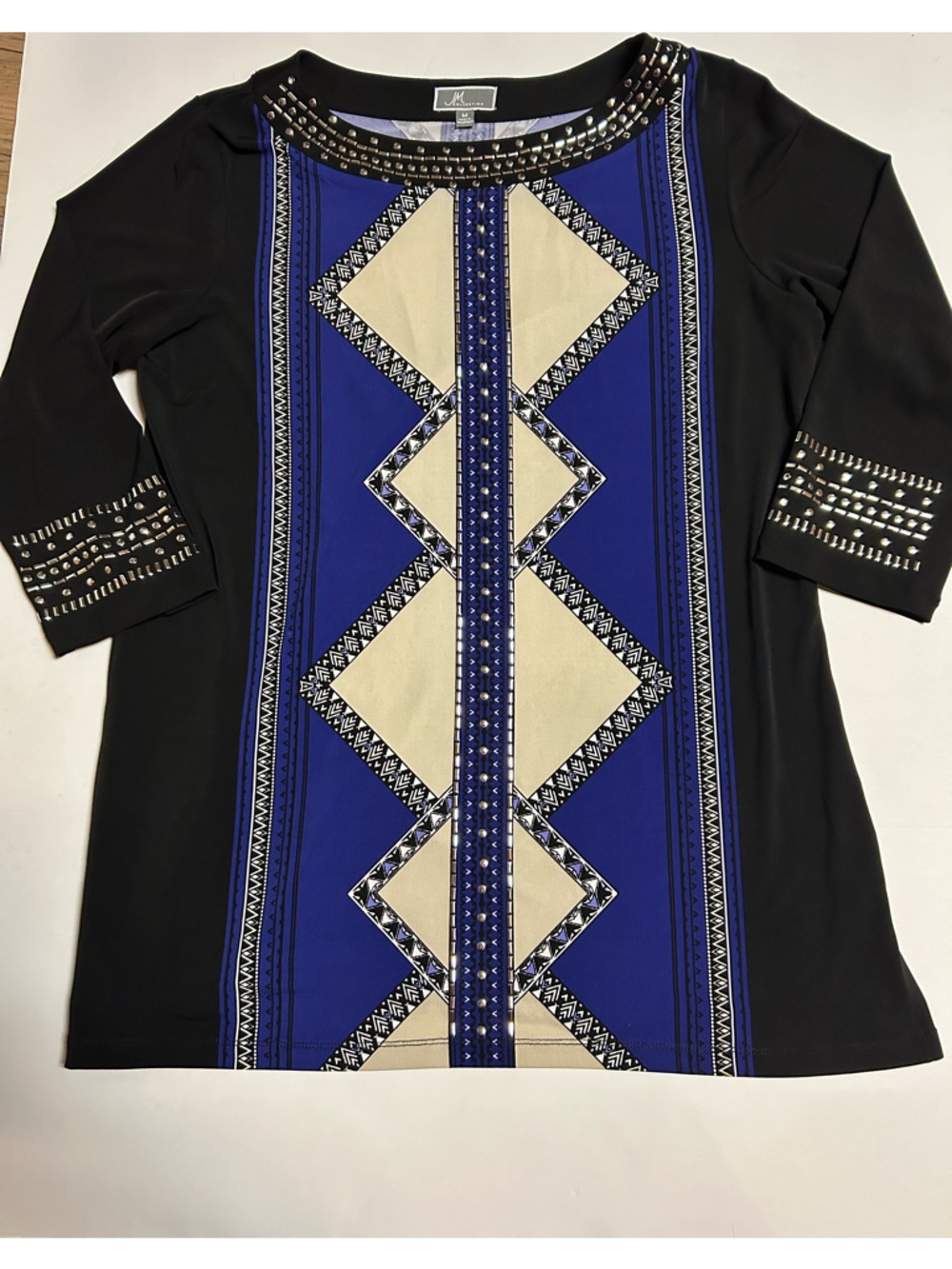 JM Collection Black & Blue Geometric Studded Tunic